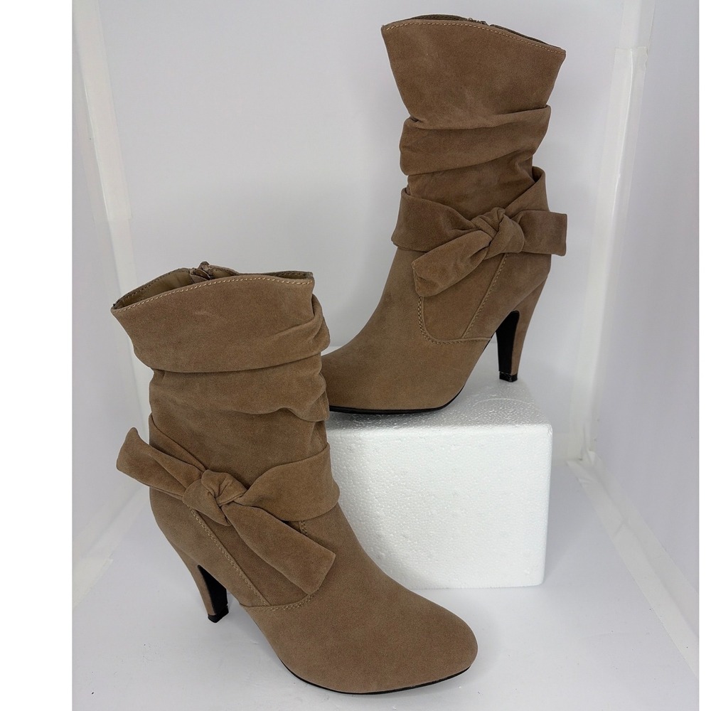 Venus Tan Faux Suede Slouchy Bow Mid-Calf Stiletto Boots Womens Size 9